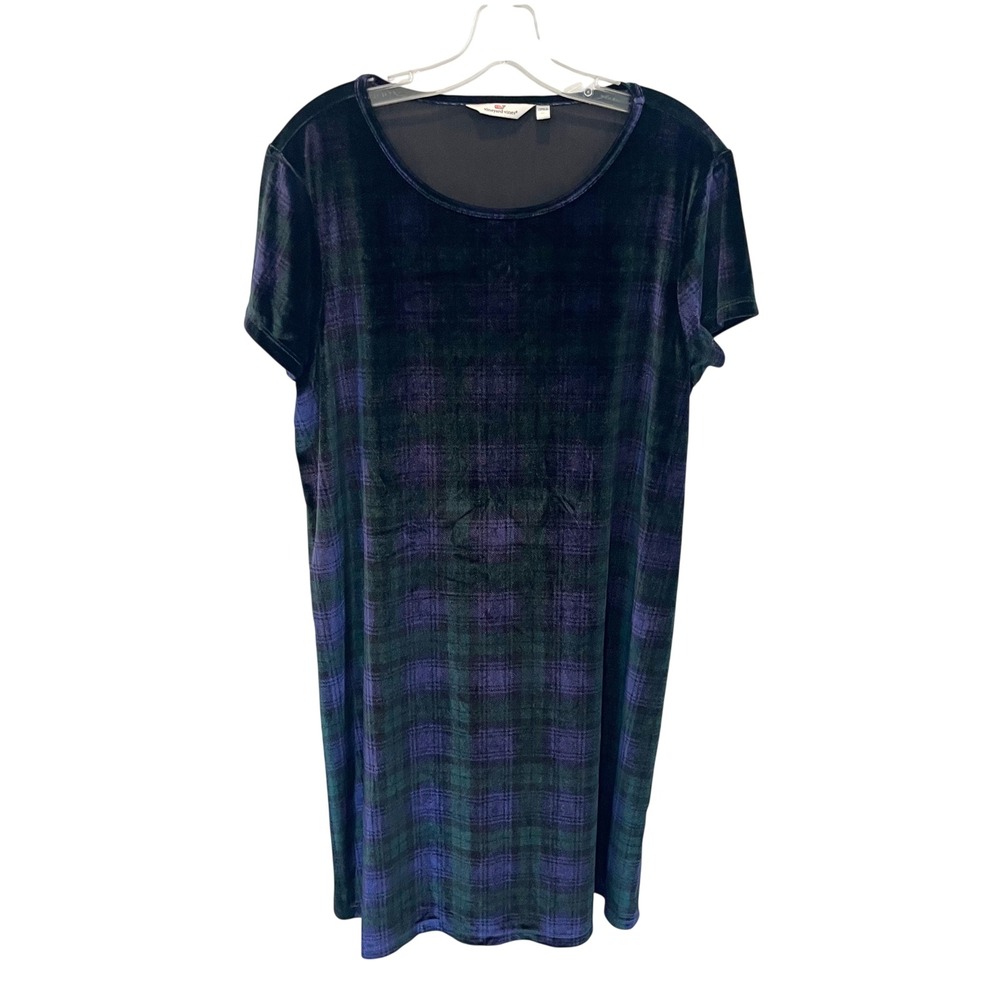 Vineyard Vines Velvet Plaid Short Sleeve Shift Dress Purple Green - Size XL